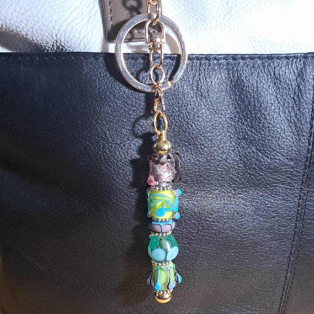 Hand Crafted Beaded Tassel Keychain with Aqua, Turquoise & Gold Accents